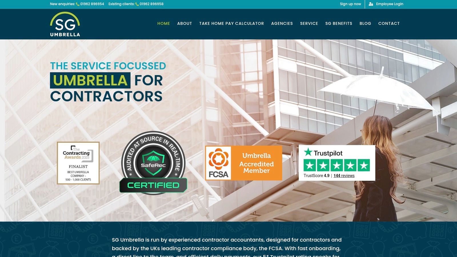 SG Umbrella homepage detailing services for UK contractors