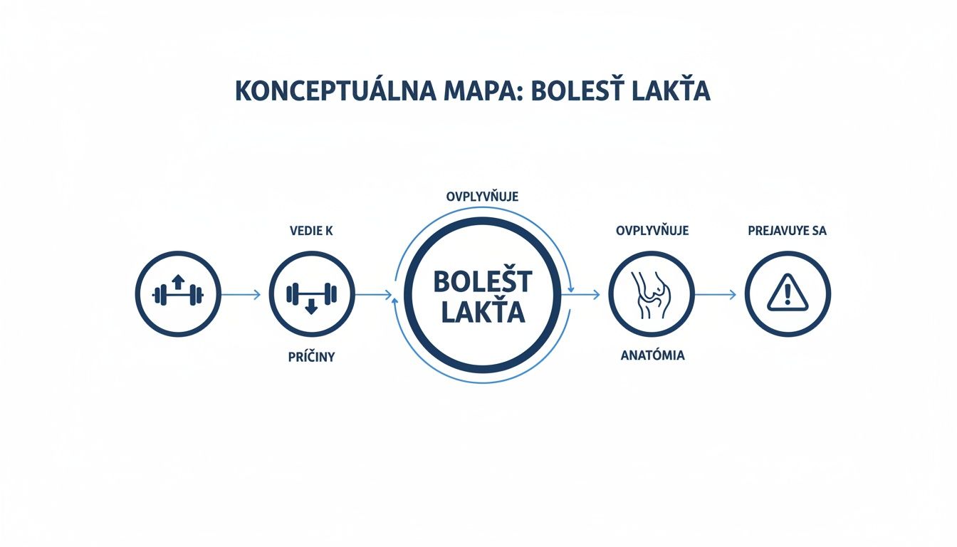 Konceptuálna mapa zobrazujúca príčiny, anatomické vplyvy a prejavy bolesti lakťa pomocou ikon a šípok.