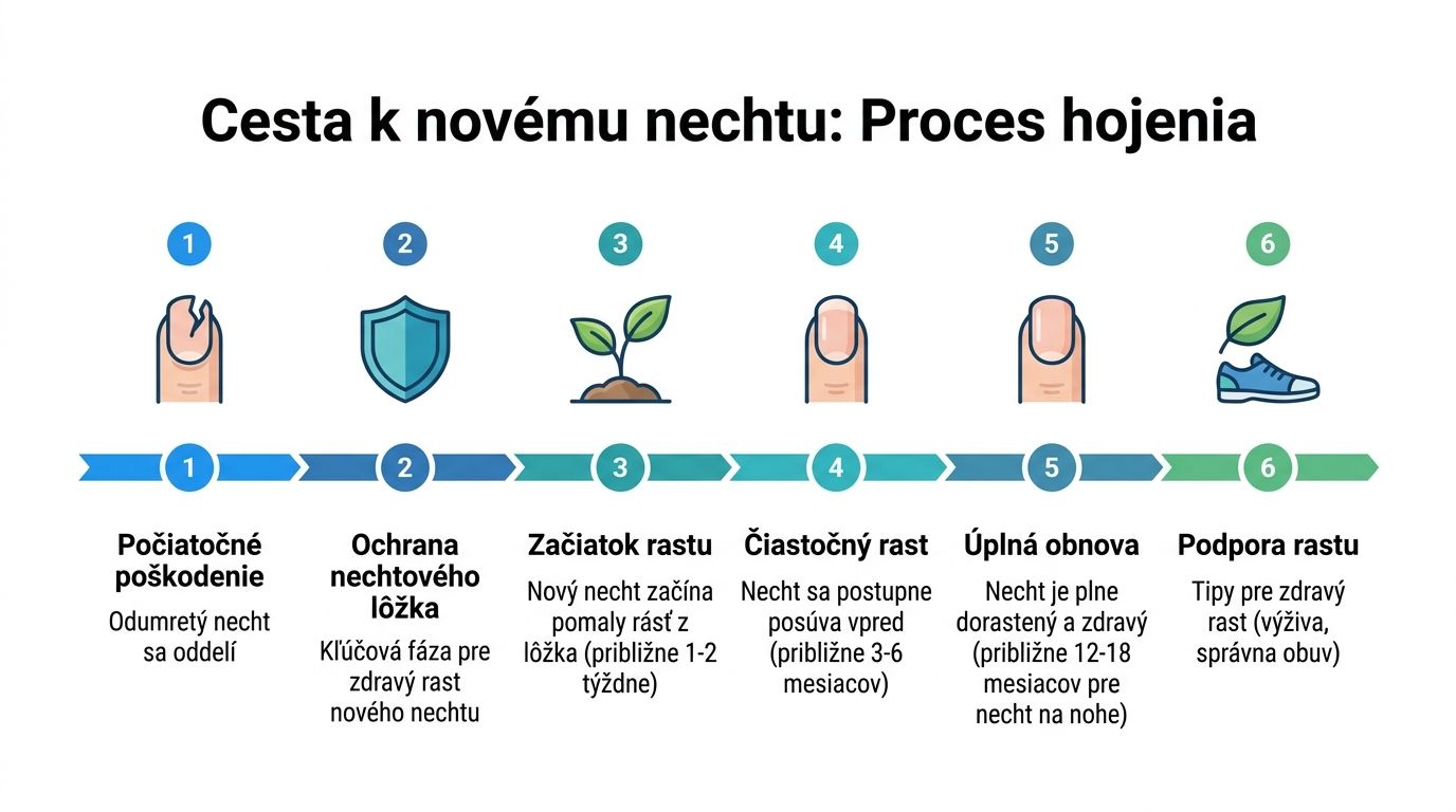 Informačná grafika zobrazujúca šesť fáz hojenia a rastu nového nechtu na nohe od poškodenia po úplnú obnovu.