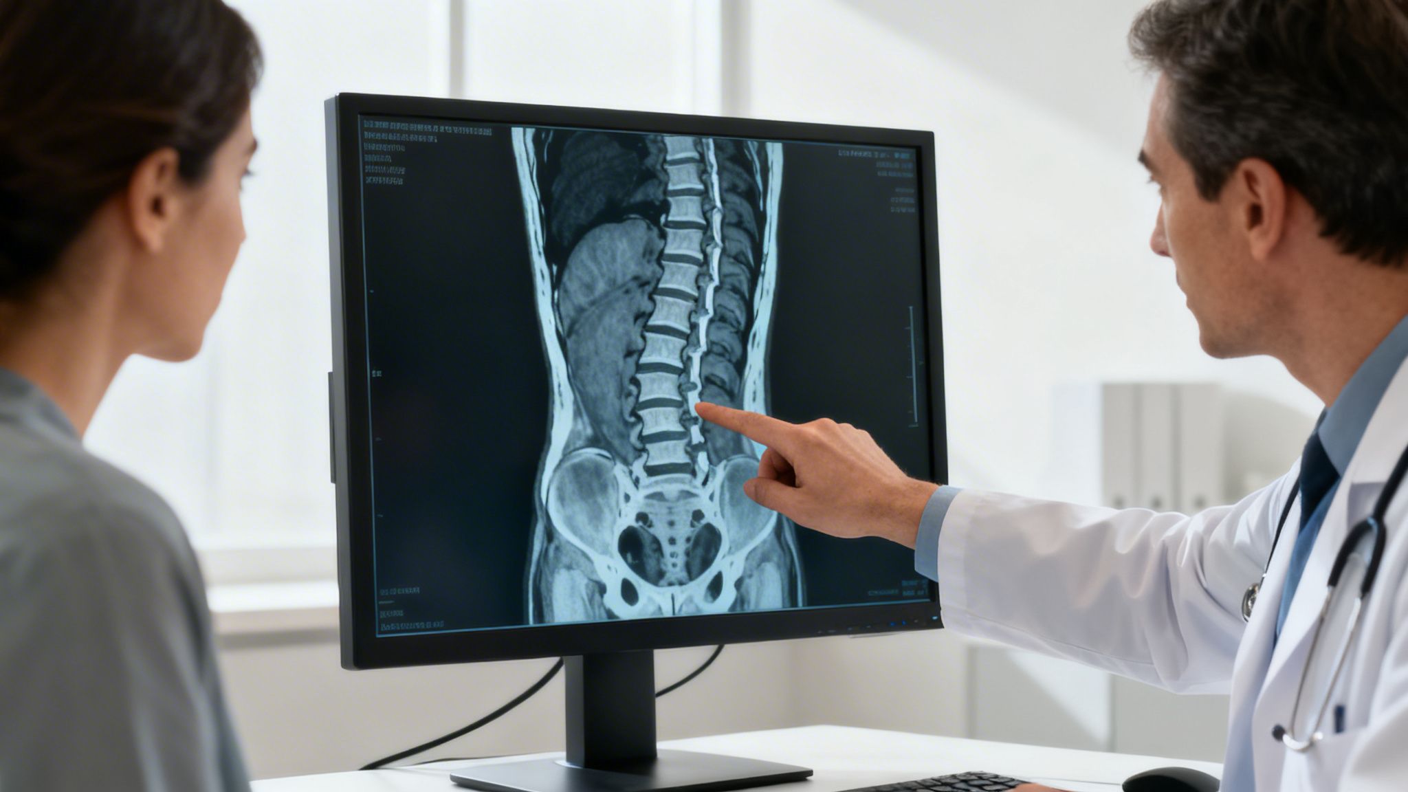 Doktor ukazuje pacientke na monitore MRI chrbtice a vysvetľuje jej nález.