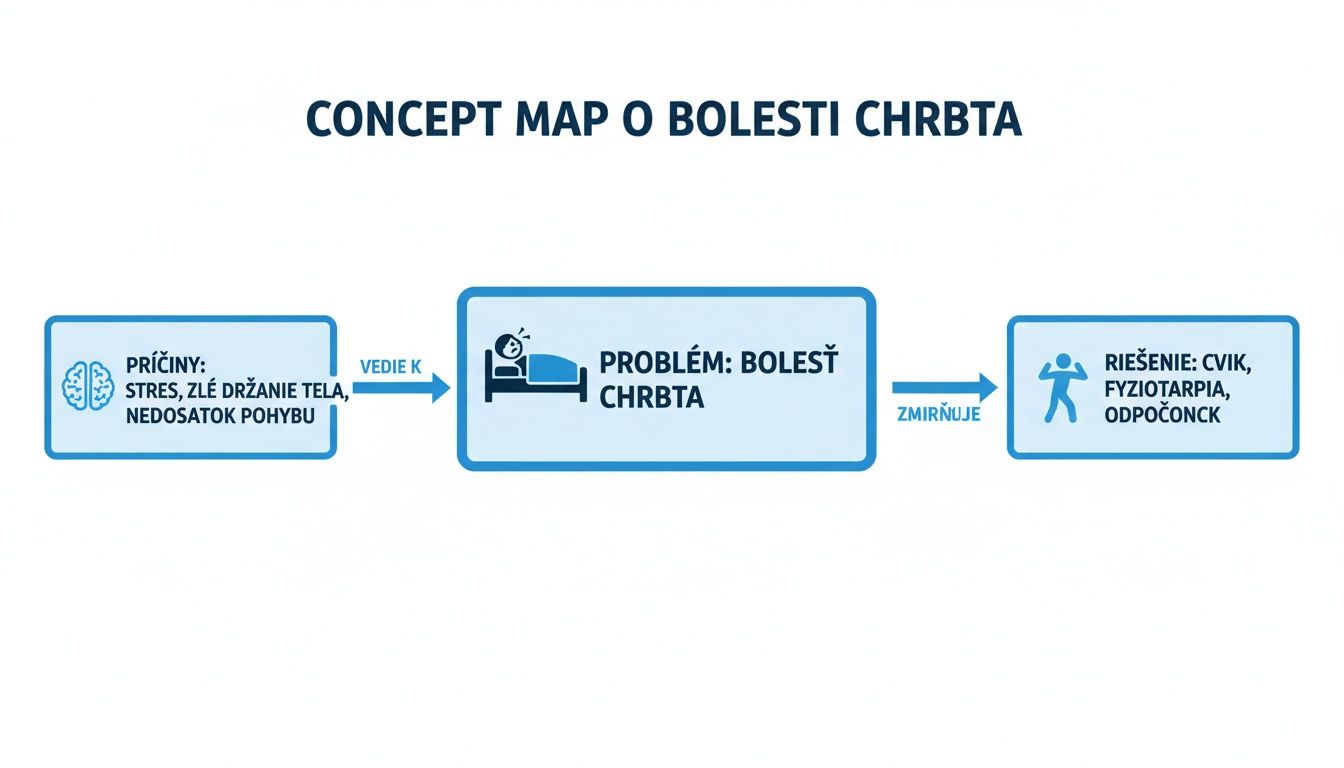 Konceptuálna mapa o bolesti chrbta. Ukazuje príčiny, problém a riešenia ako cvičenie, fyzioterapia a odpočinok.