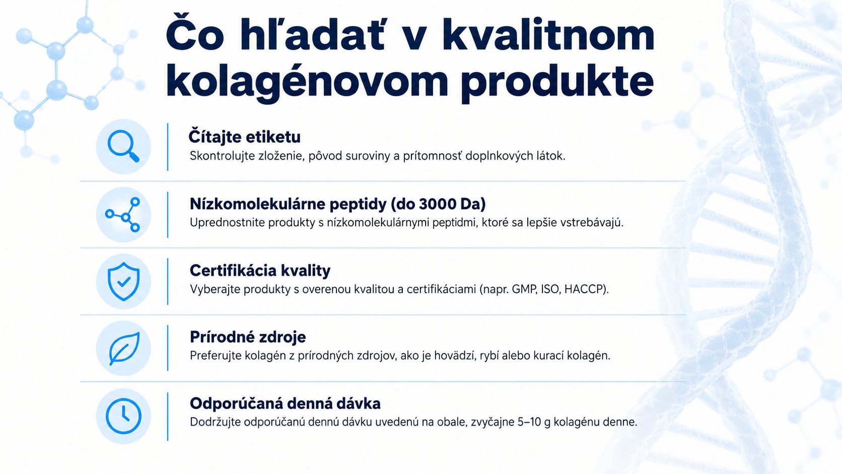 Infografika s piatimi kľúčovými tipmi, ako si vybrať kvalitný kolagénový výživový doplnok pre zdravie a správnu starostlivosť.