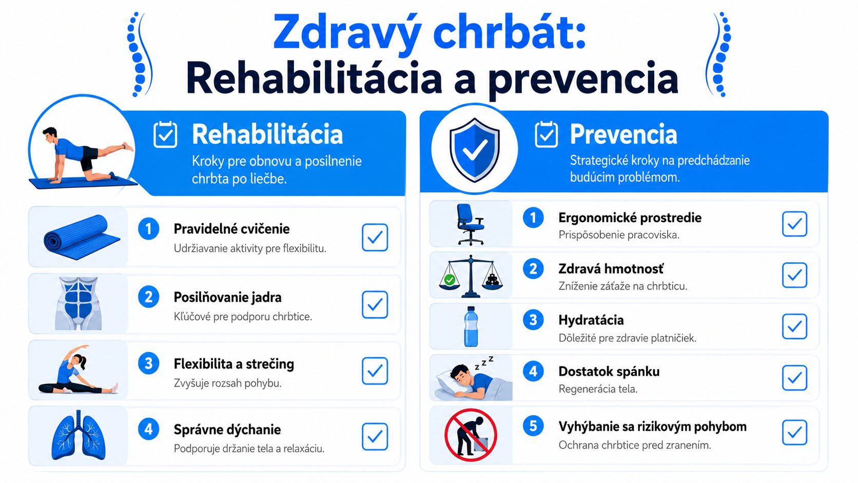 Informačná grafika o rehabilitácii a prevencii zdravého chrbta s tipmi na cvičenie, ergonómiu a životný štýl.