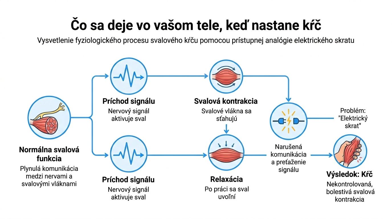 Infografika vysvetľujúca fyziologický proces vzniku svalových kŕčov v ľudskom tele pomocou analógie elektrického skratu.