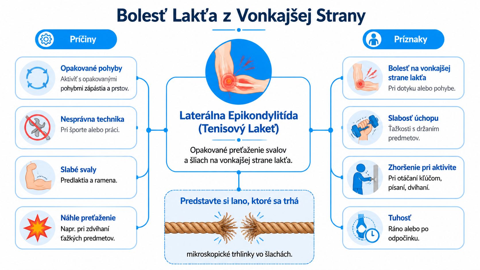 Informatívna grafika o bolesti lakťa z vonkajšej strany, zobrazujúca príčiny, príznaky a vysvetlenie laterálnej epikondylitídy.