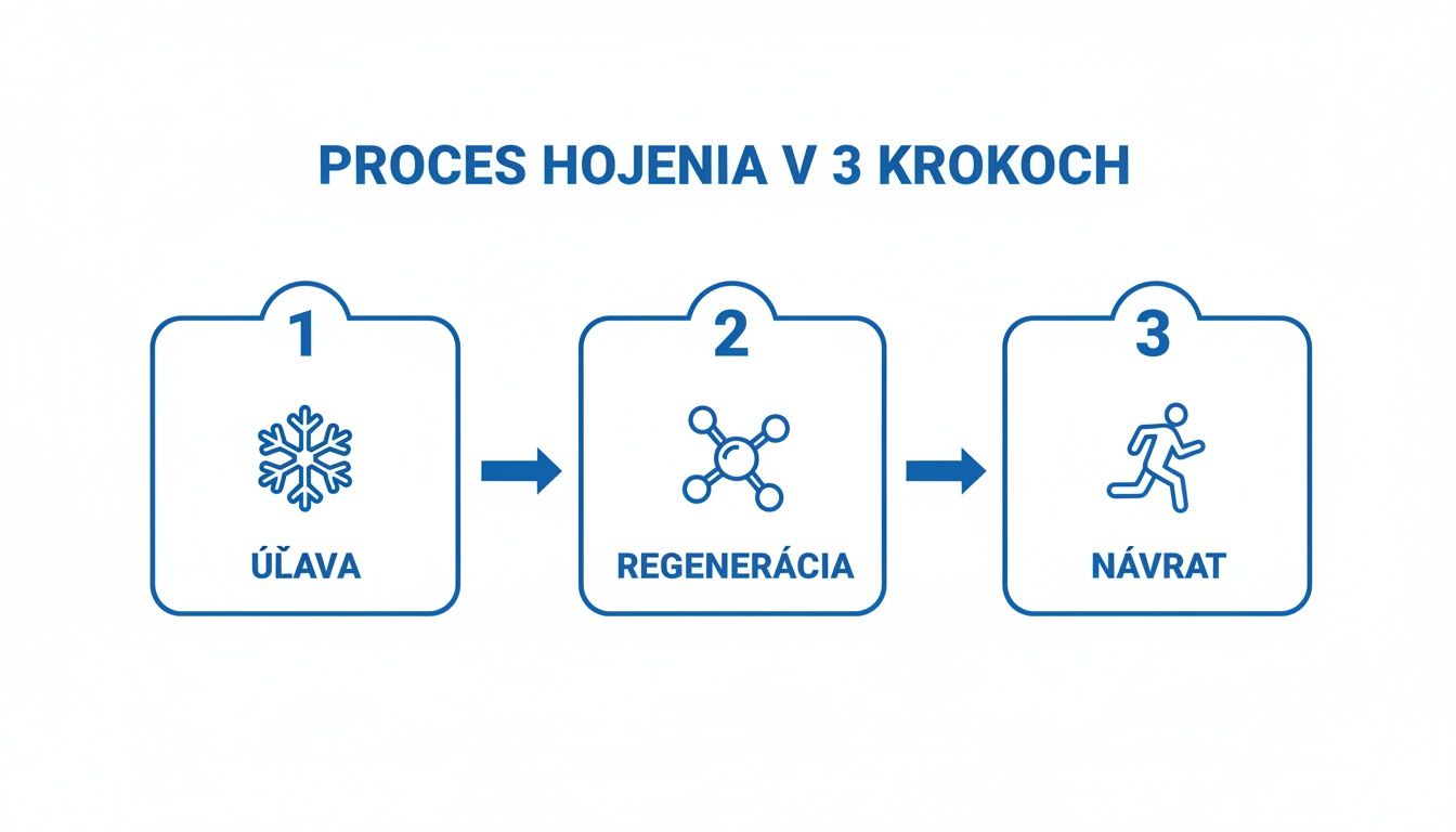 Infografika znázorňujúca trojkrokový proces hojenia: úľava (snehová vločka), regenerácia (molekula) a návrat (bežec).