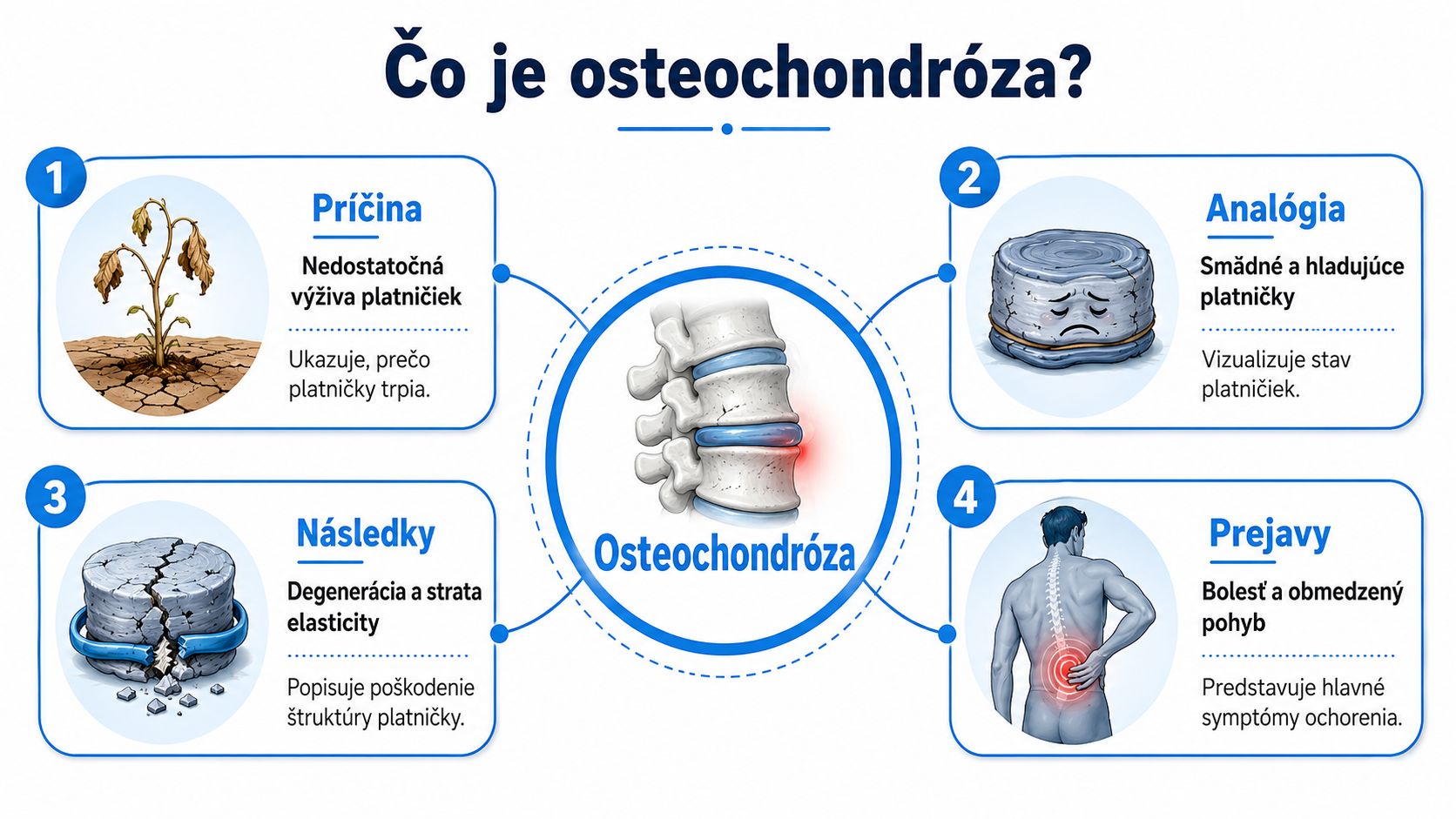 Infografika vysvetľujúca podstatu, príčiny, následky a prejavy ochorenia chrbtice známeho ako osteochondróza medzistavcových platničiek.