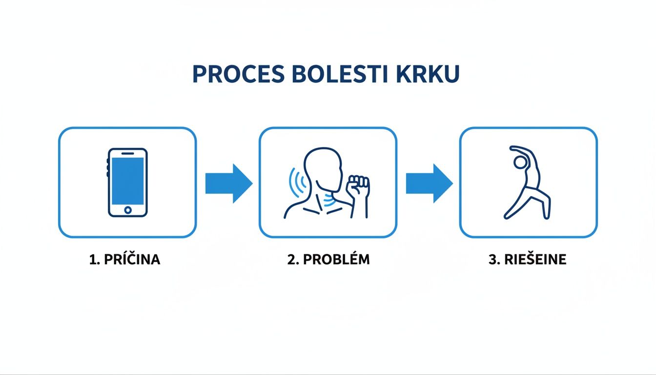 Infografika popisujúca proces bolesti krku: od používania smartfónu po úľavu cvičením.