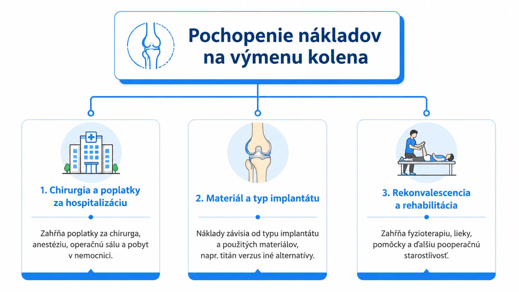 Informačná infografika vysvetľujúca rôzne faktory ovplyvňujúce celkové náklady na operáciu výmeny kolenného kĺbu u pacienta.