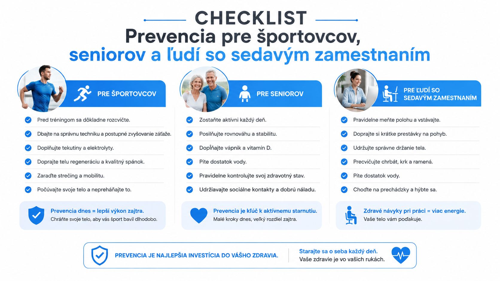 Informačná grafika s preventívnymi tipmi pre zdravie športovcov, seniorov a ľudí so sedavým zamestnaním v slovenčine.