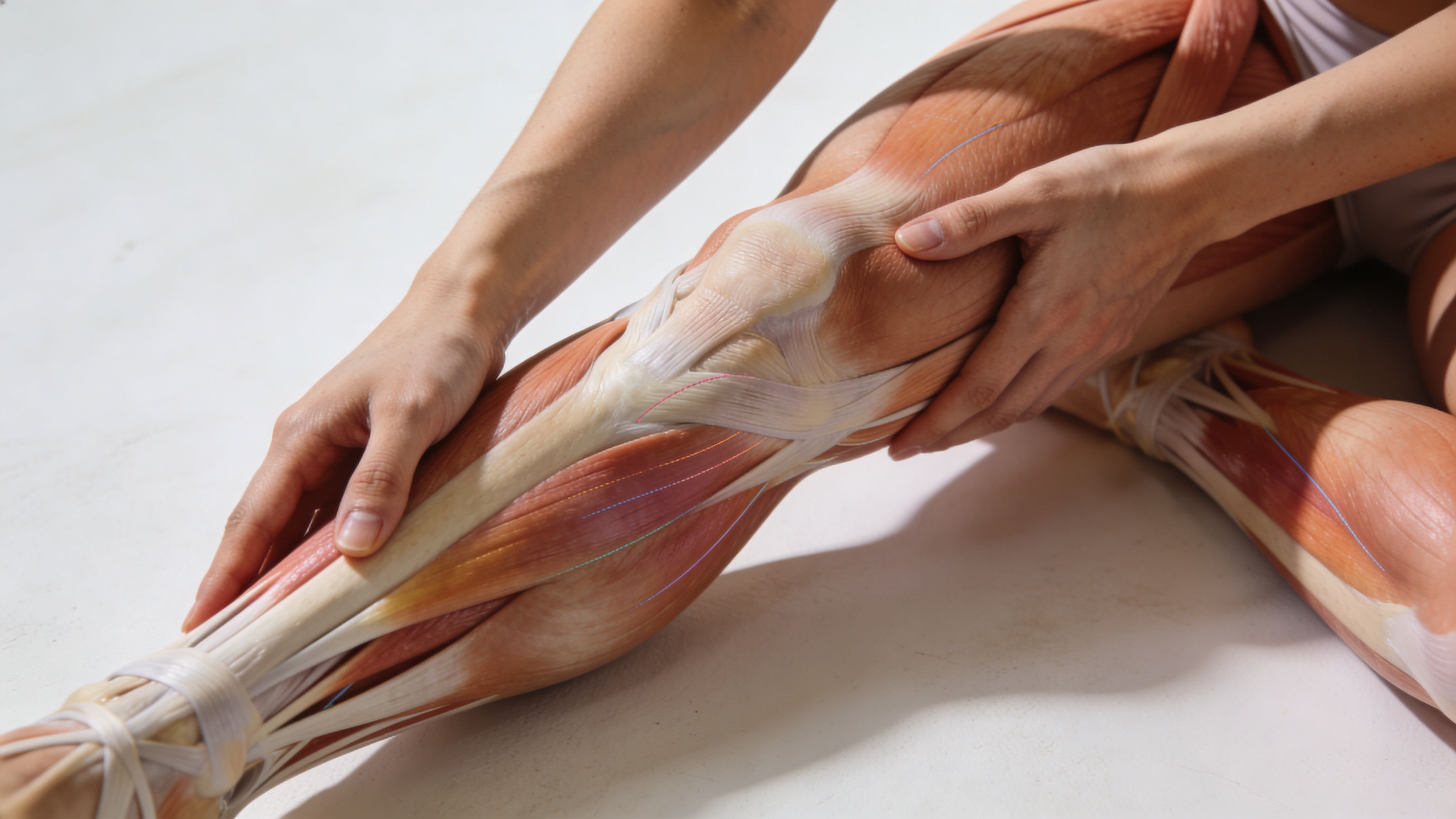 Detailný pohľad na anatomický model ľudskej nohy s odhalenými svalmi, šľachami a kolenným kĺbom na svetlom pozadí.