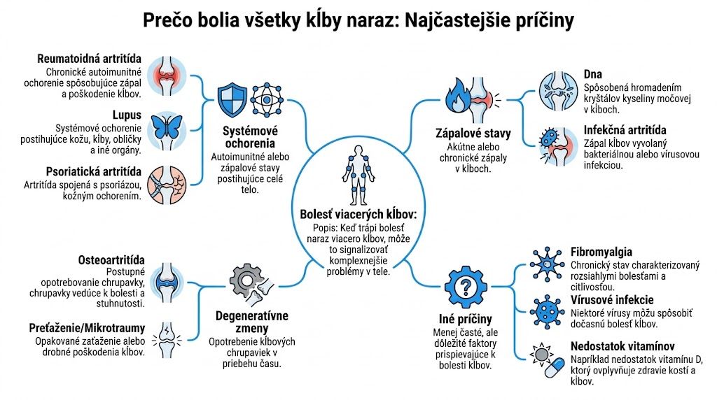 Informačná infografika znázorňujúca hlavné príčiny bolesti viacerých kĺbov naraz, vrátane systémových, zápalových a degeneratívnych ochorení.
