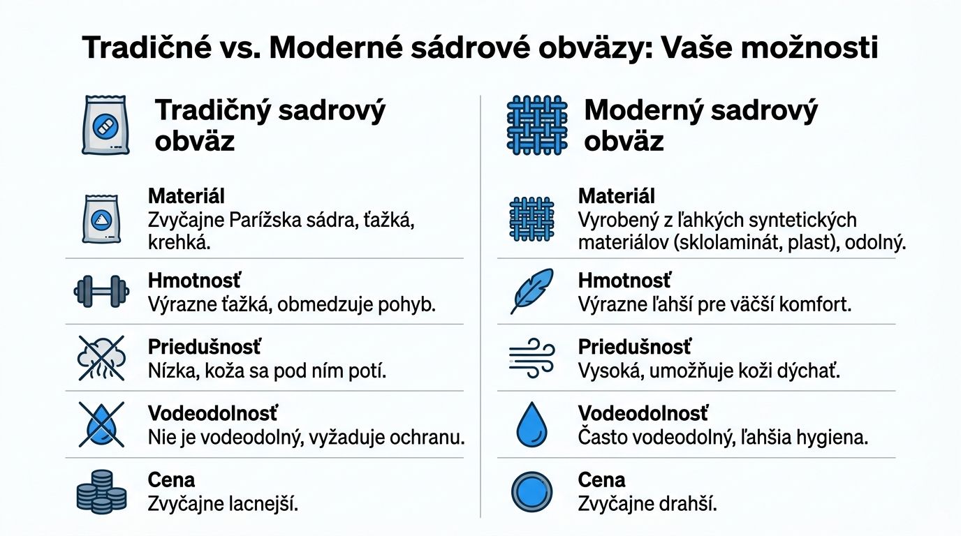 Porovnávacia tabuľka vlastností tradičných sadrových obväzov a moderných syntetických fixačných obväzov pre liečbu zlomenín.
