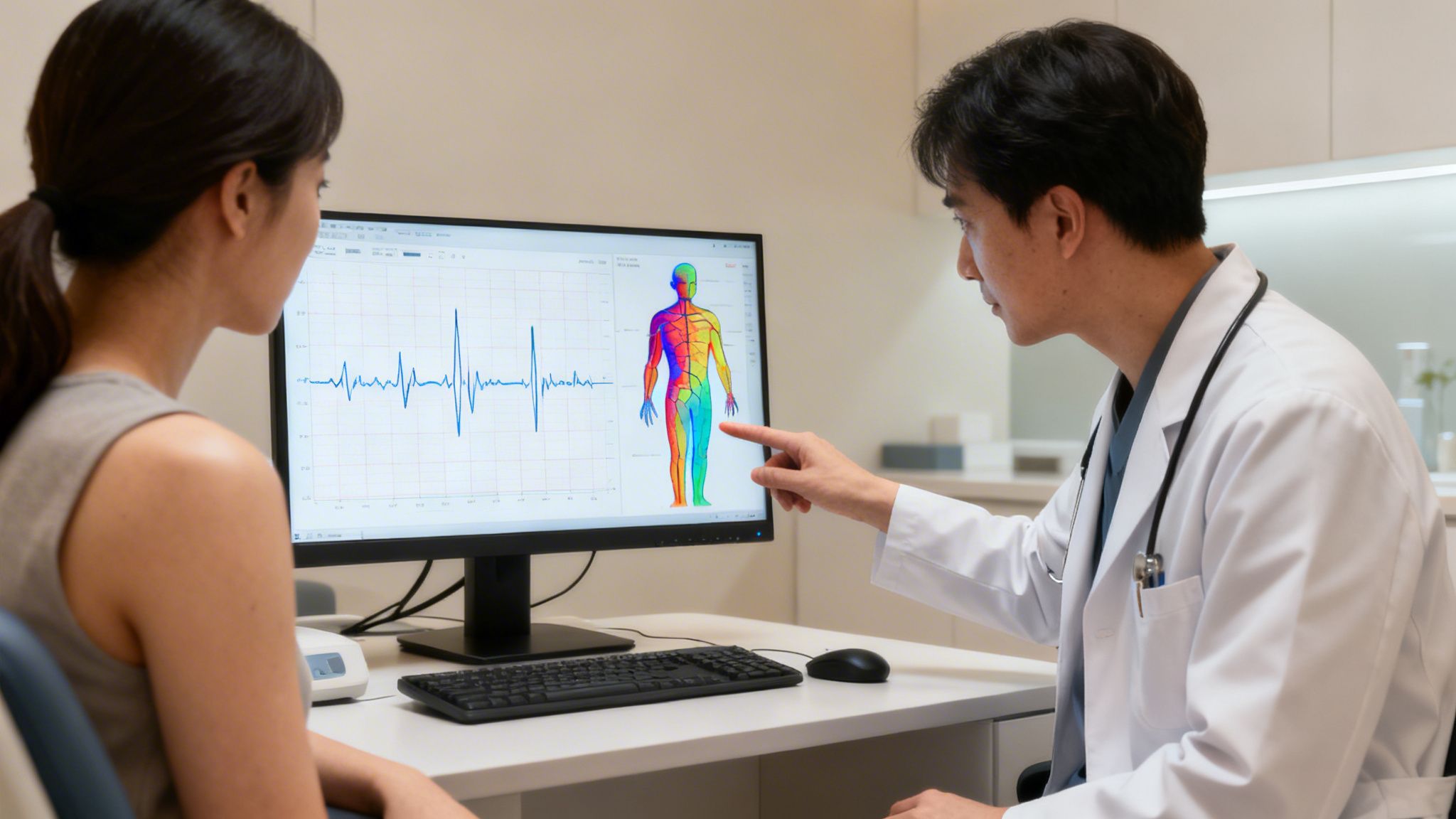 Lekár a pacientka si prezerajú výsledky neurologického vyšetrenia na monitore počítača s grafmi a ľudskou anatómou.