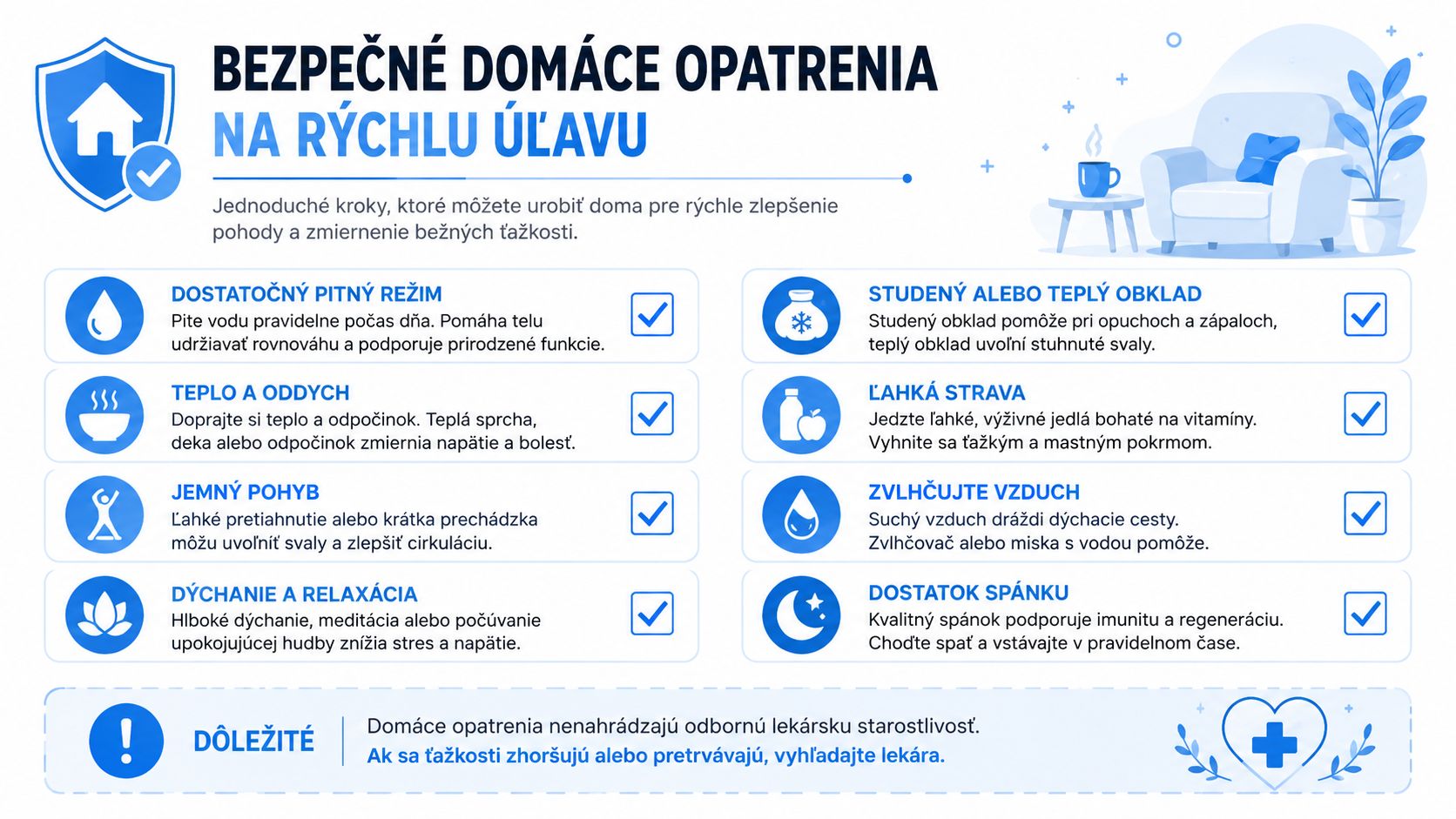 Informačná grafika s osem bodmi pre bezpečné domáce opatrenia na rýchlu úľavu od bežných zdravotných ťažkostí.