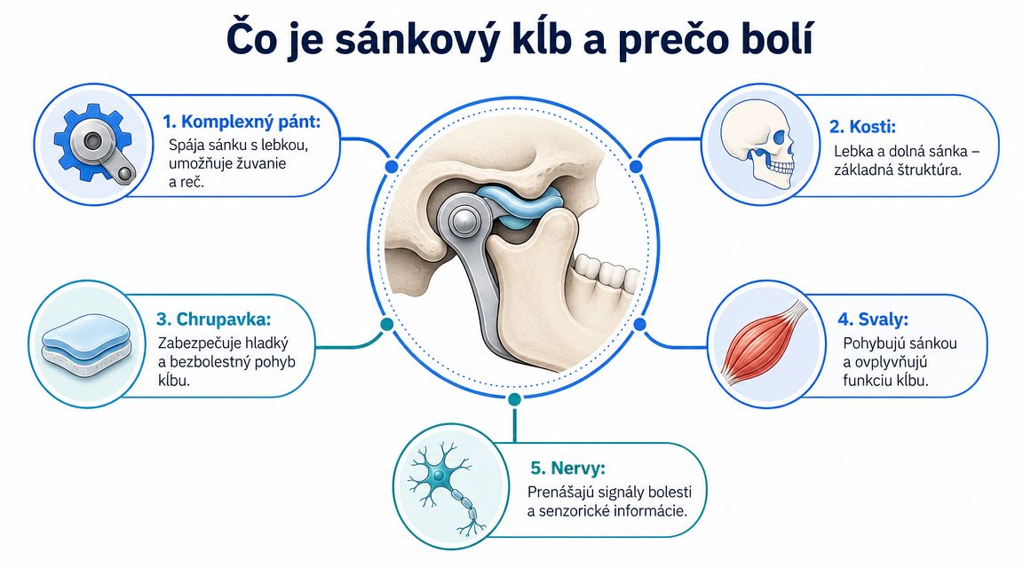 Infografika vysvetľuje anatómiu sánkového kĺbu a jeho hlavné súčasti, ktoré môžu byť zdrojom bolesti a problémov.