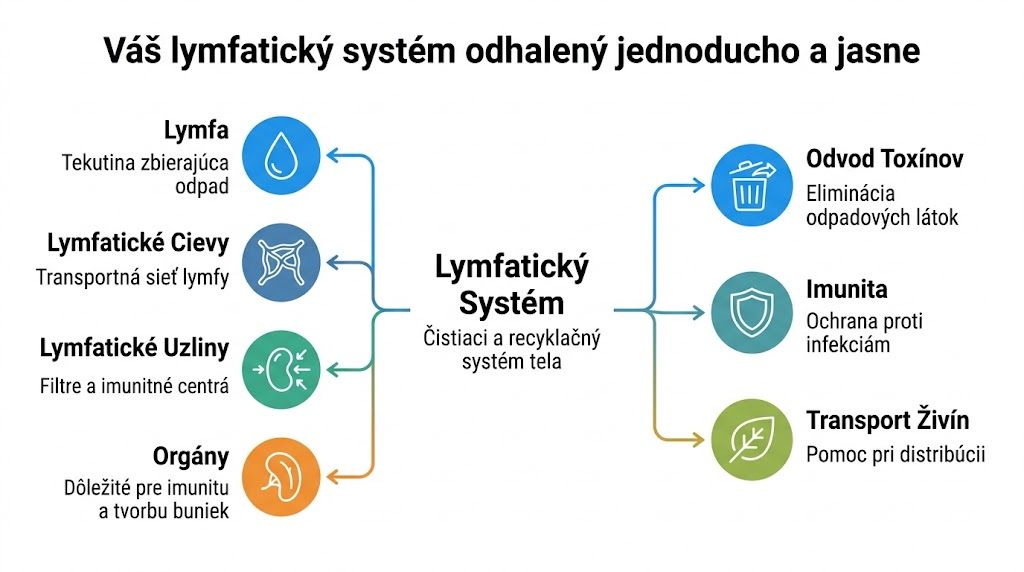 Informačná infografika vysvetľujúca funkcie a časti ľudského lymfatického systému jednoduchým a prehľadným vizuálnym spôsobom pre každého.