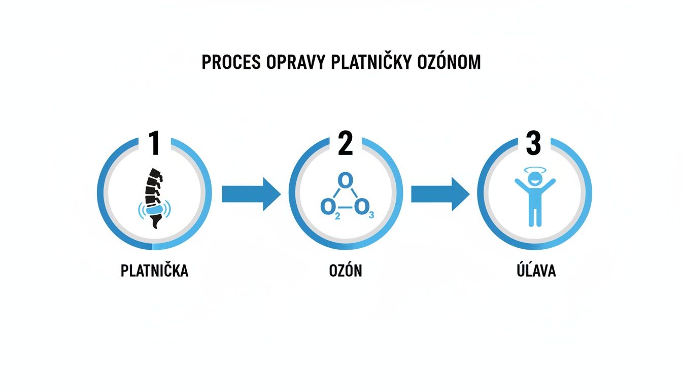 Infografika popisujúca trojfázový proces liečby platničky ozónom, vedúci k úľave a zlepšeniu stavu.