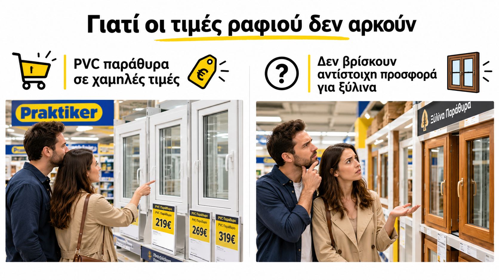 Ένα ζευγάρι συγκρίνει τις τιμές για παράθυρα PVC στο Praktiker με την έλλειψη διαθέσιμων τιμών για ξύλινα παράθυρα.