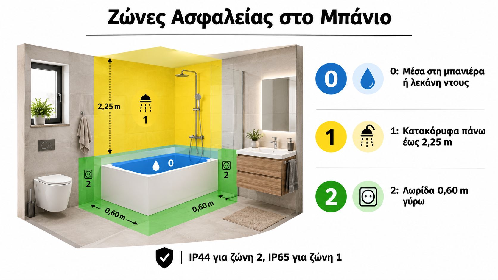 Επεξηγηματικό γράφημα που δείχνει τις ζώνες ασφαλείας για την τοποθέτηση ηλεκτρικών συσκευών και φωτιστικών στο μπάνιο.