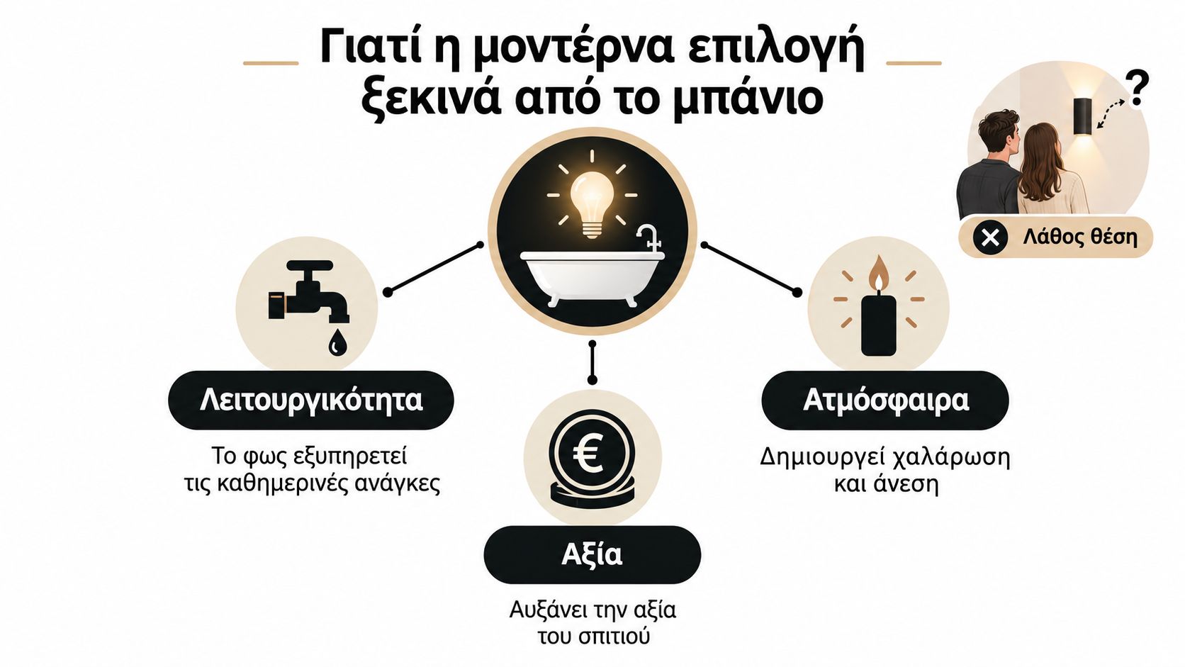 Infographic που εξηγεί γιατί ο μοντέρνος φωτισμός μπάνιου προσφέρει λειτουργικότητα, ατμόσφαιρα και αυξάνει την αξία του σπιτιού σας.