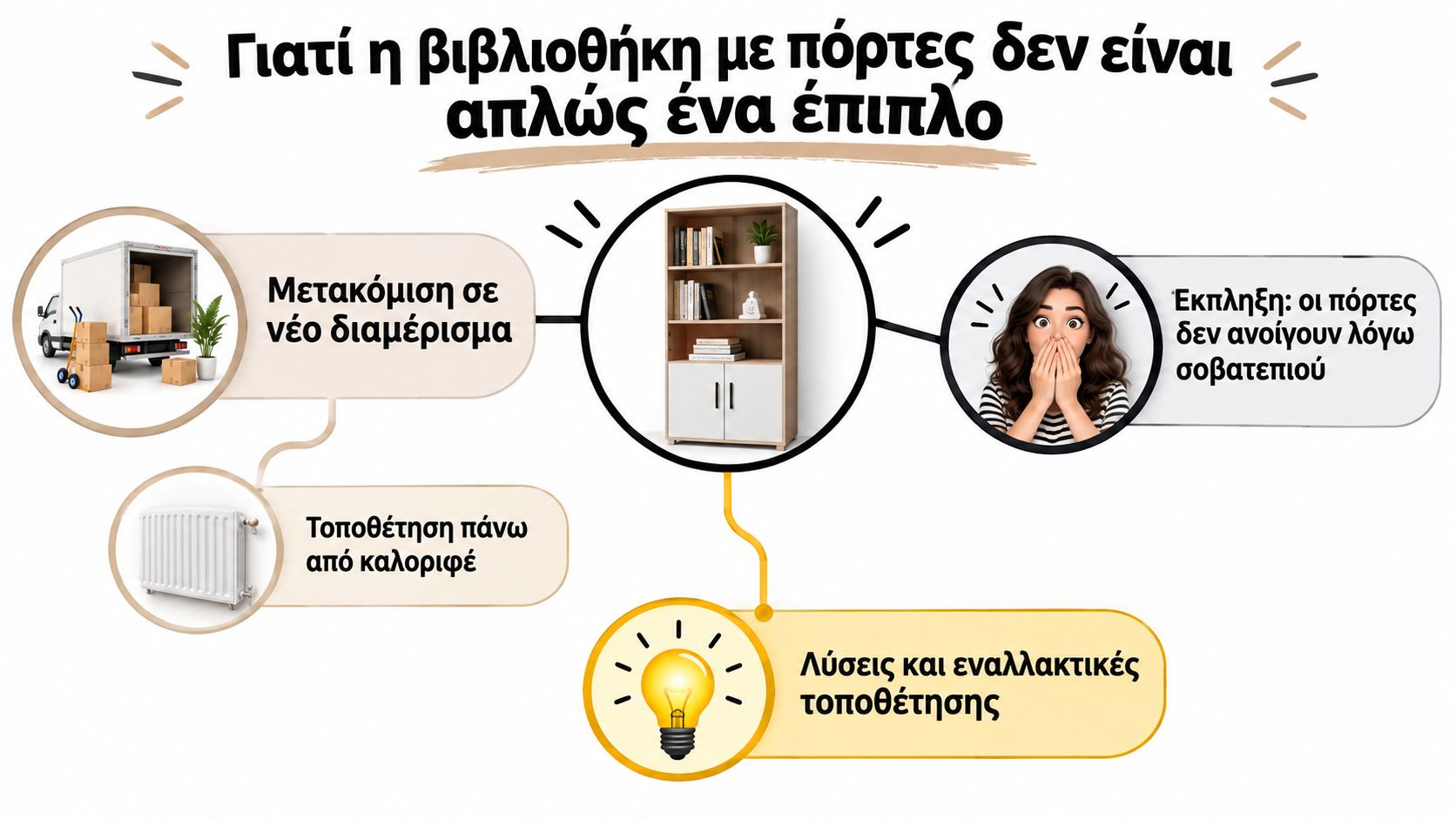 Γραφικό που εξηγεί τις προκλήσεις τοποθέτησης μιας βιβλιοθήκης με πόρτες σε διάφορους οικιακούς χώρους και λύσεις.