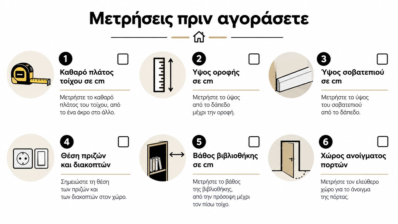 Οδηγός με έξι βήματα για τις απαραίτητες μετρήσεις στον χώρο σας πριν την αγορά μιας βιβλιοθήκης.