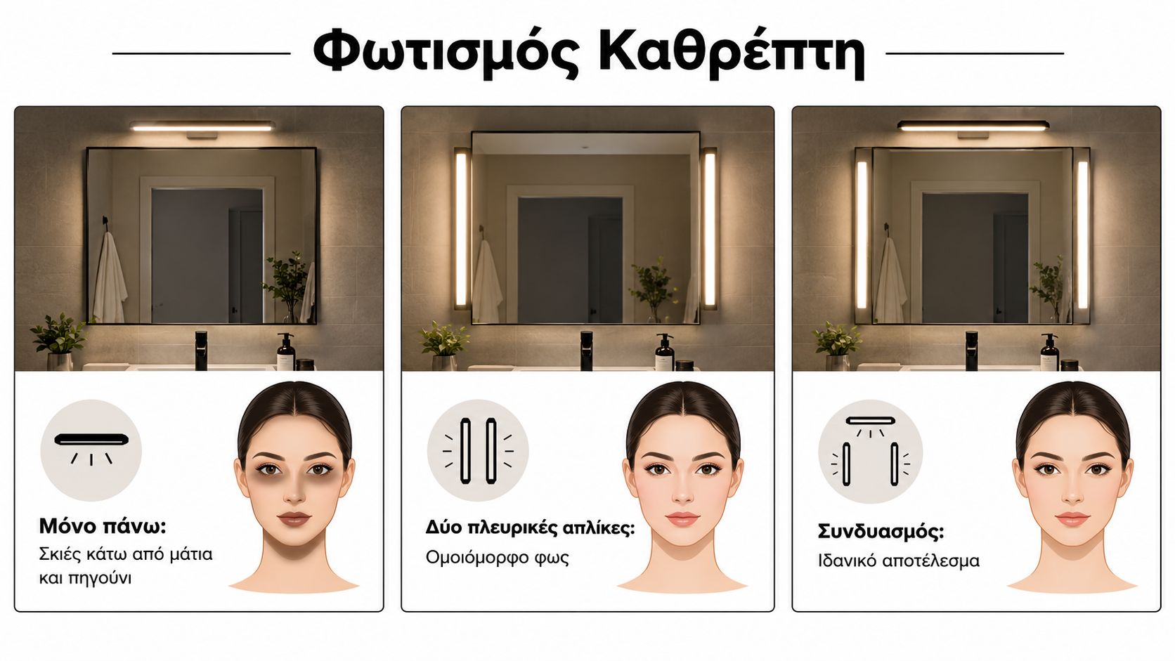 Σύγκριση τριών διαφορετικών τρόπων φωτισμού καθρέφτη μπάνιου με οπτικά παραδείγματα για το αποτέλεσμα στο πρόσωπο.