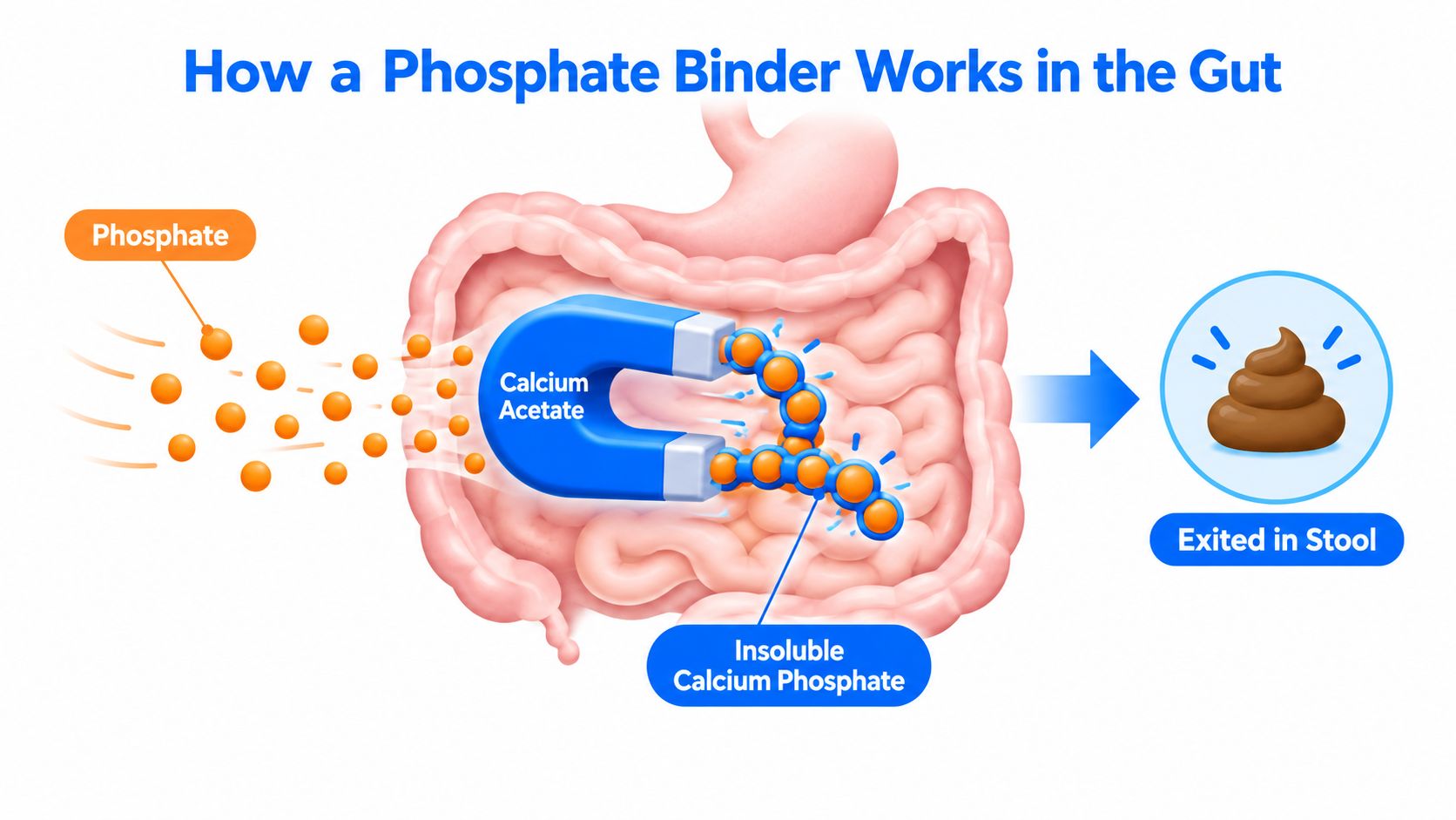 A diagram illustrating how a calcium acetate phosphate binder removes phosphate from the digestive tract via stool.