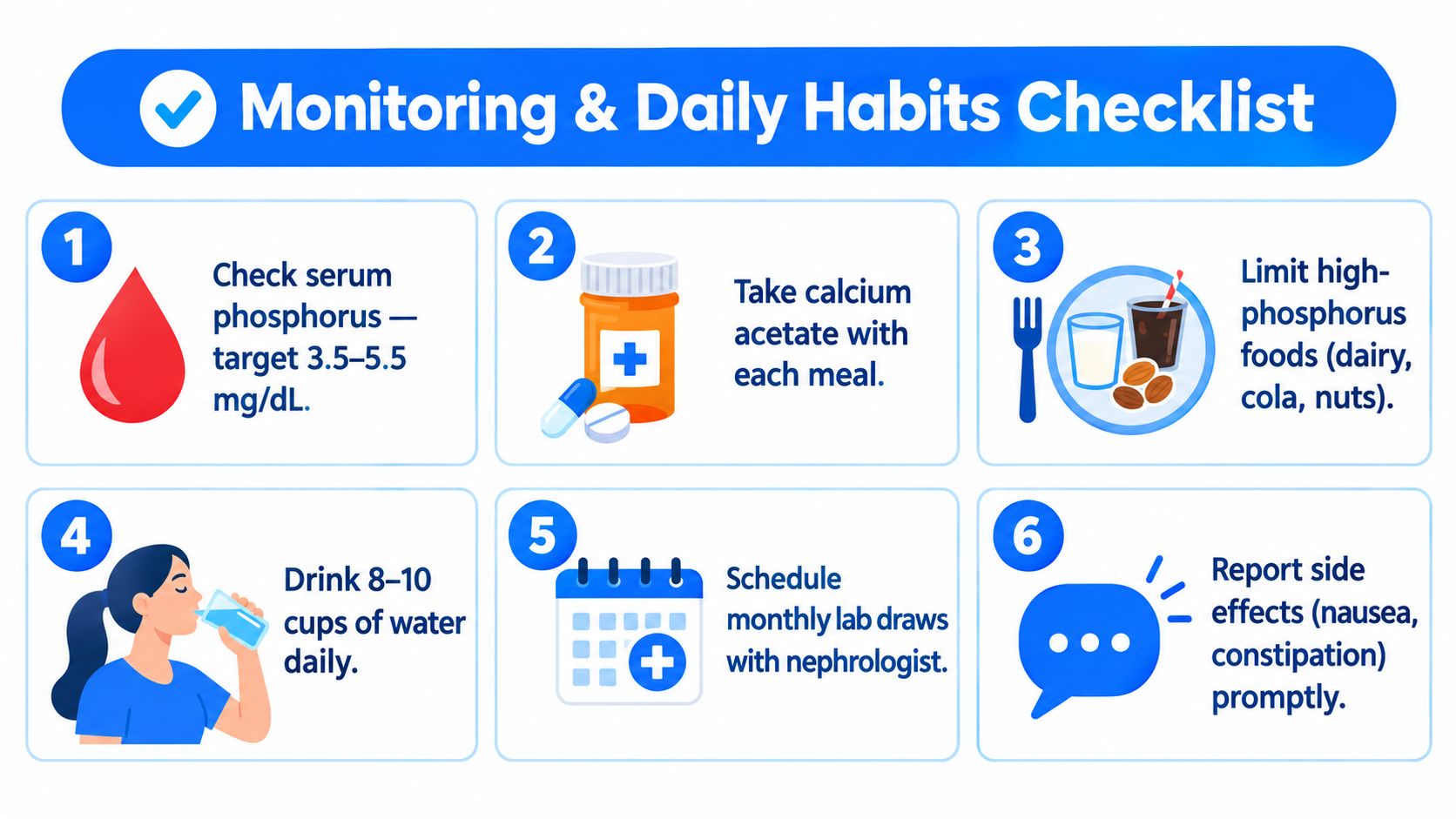 A checklist infographic illustrating six essential monitoring and daily habits for patients taking calcium acetate.