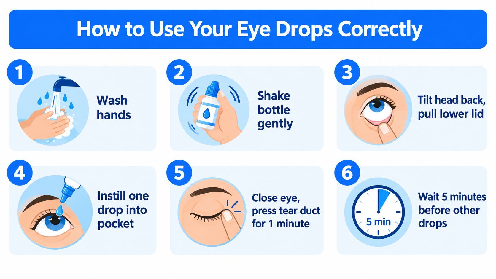 A six-step instructional infographic explaining the correct procedure for safely applying eye drops to the eyes.