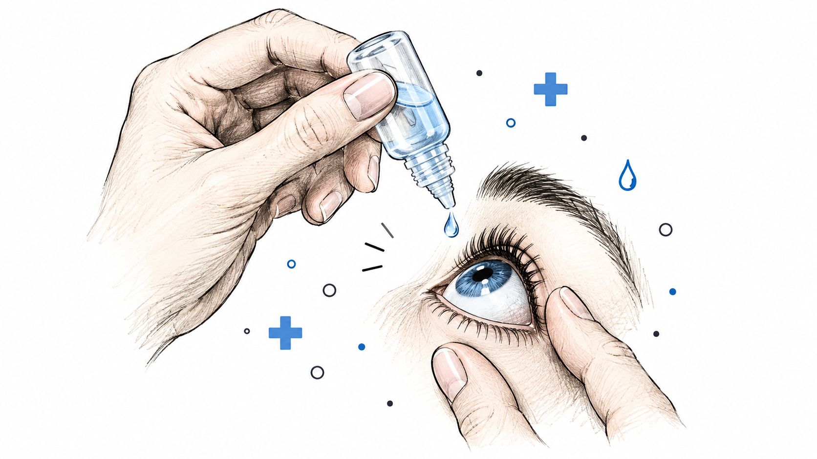 A detailed drawing of a person applying medicated eye drops into their open eye using a dropper.