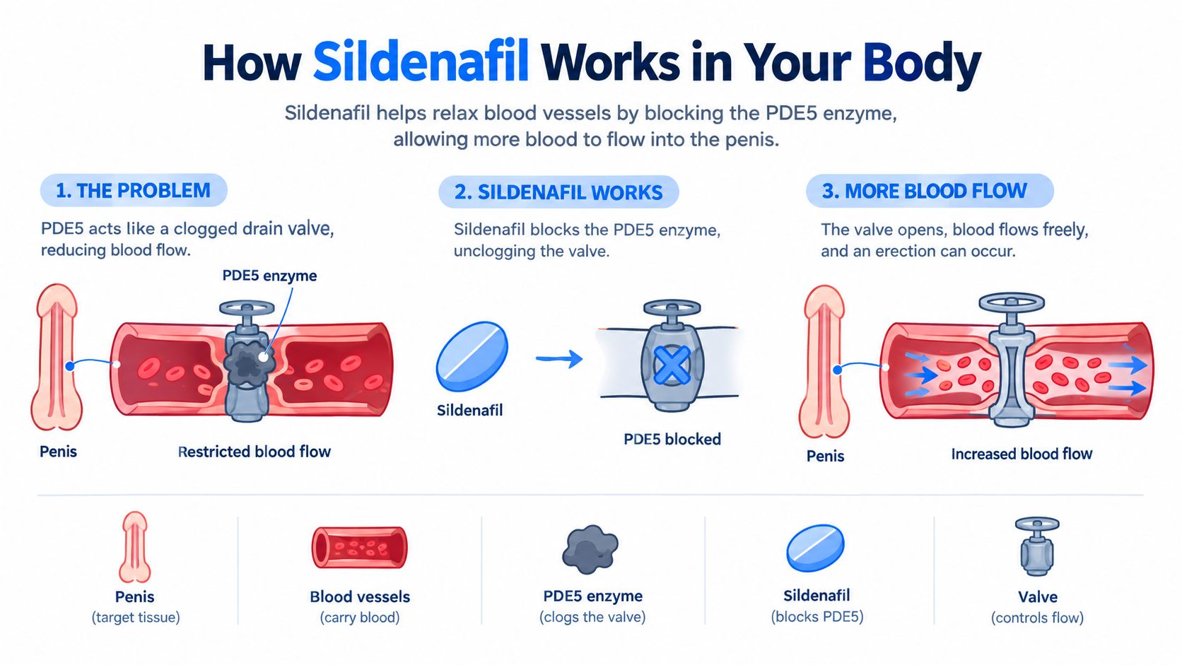 A diagram explaining how Sildenafil medication works in the body by blocking the PDE5 enzyme to increase blood flow.