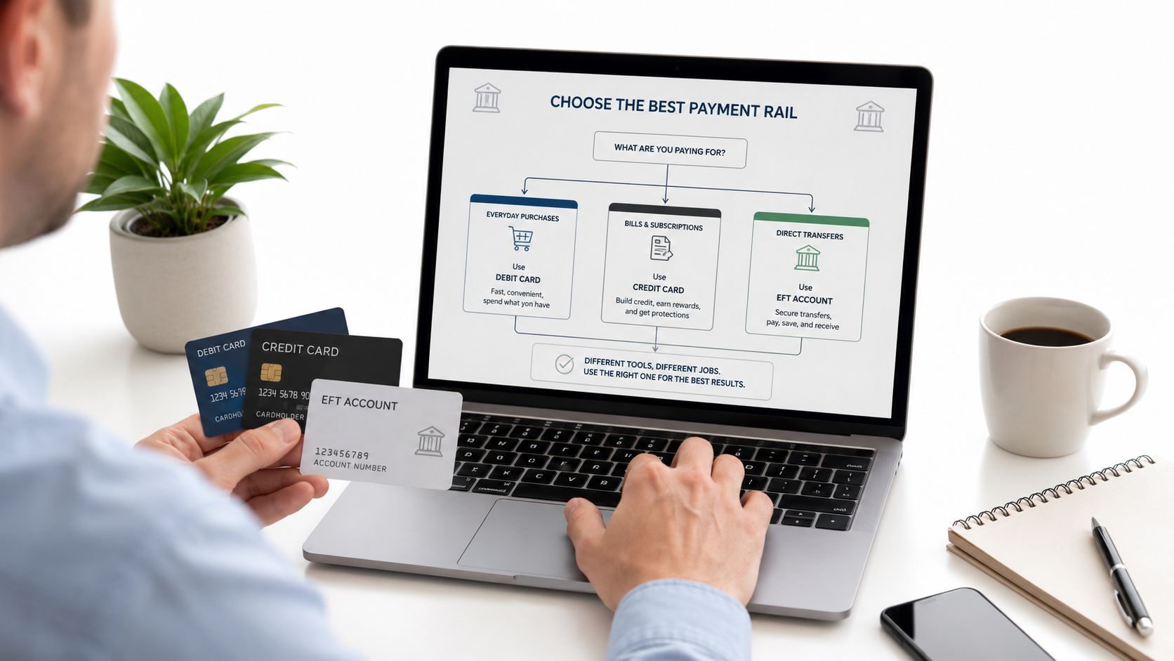 A person choosing the best payment method on a laptop with credit, debit, and EFT cards held.