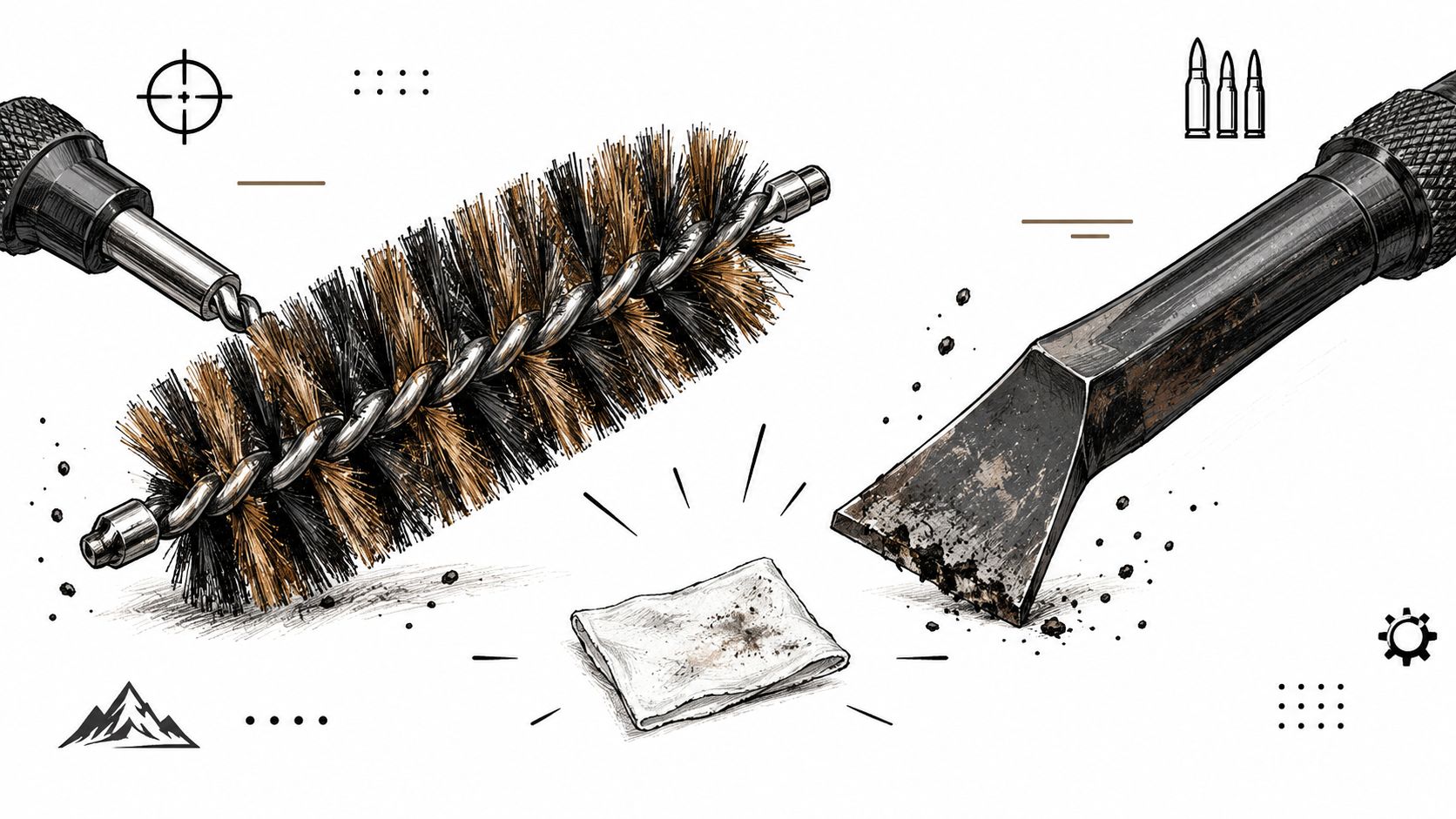 A professional gun cleaning kit including a wire brush, a metal scraper tool, and cleaning wipes.