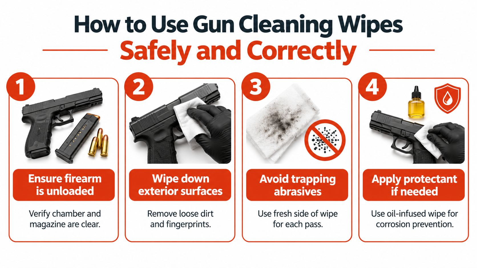 An infographic showing four steps for safely cleaning a firearm using specialized cleaning wipes.