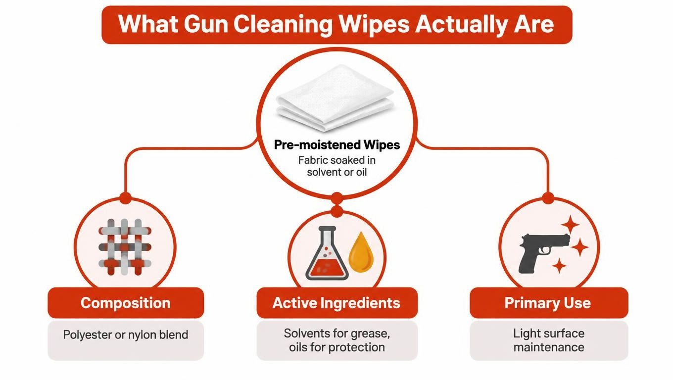 An infographic detailing the composition, active ingredients, and primary use of gun cleaning wipes for maintenance.