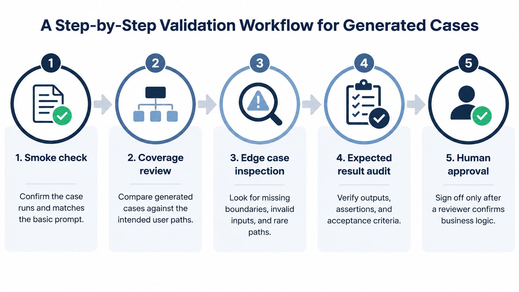 A diagram illustrating a five-step validation workflow for checking the quality of AI-generated software test cases.