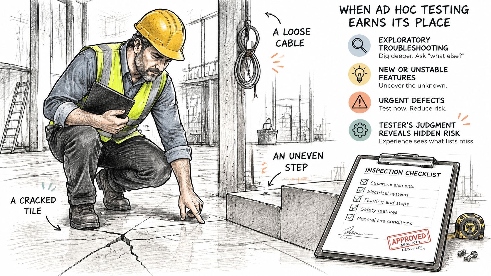 A construction worker inspecting a building site, illustrating when to use ad hoc software testing methods.