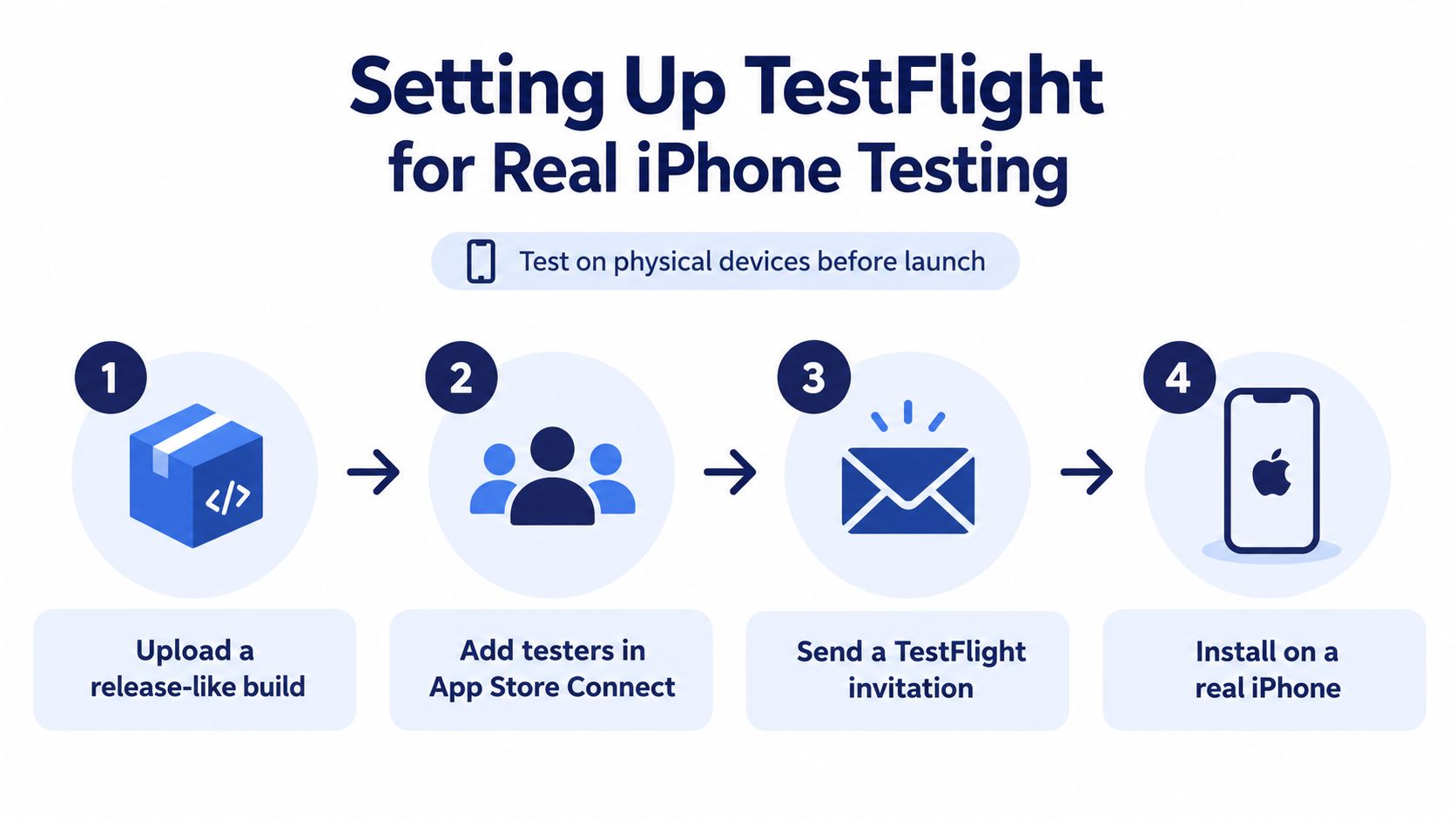 A four-step infographic illustrating how to set up TestFlight for testing applications on real iPhone devices.