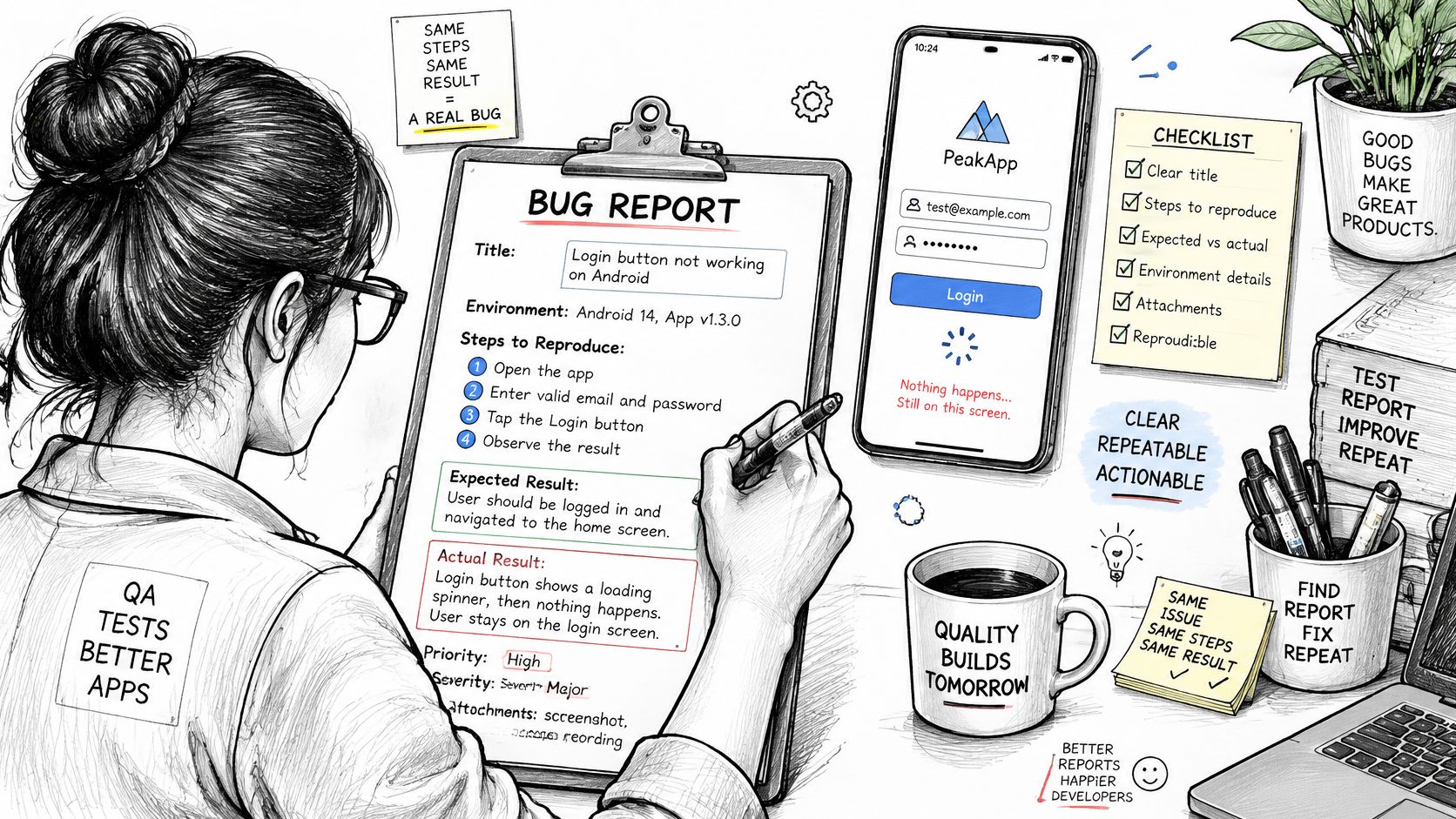 A professional quality assurance tester writing a detailed bug report for a mobile app on a clipboard.