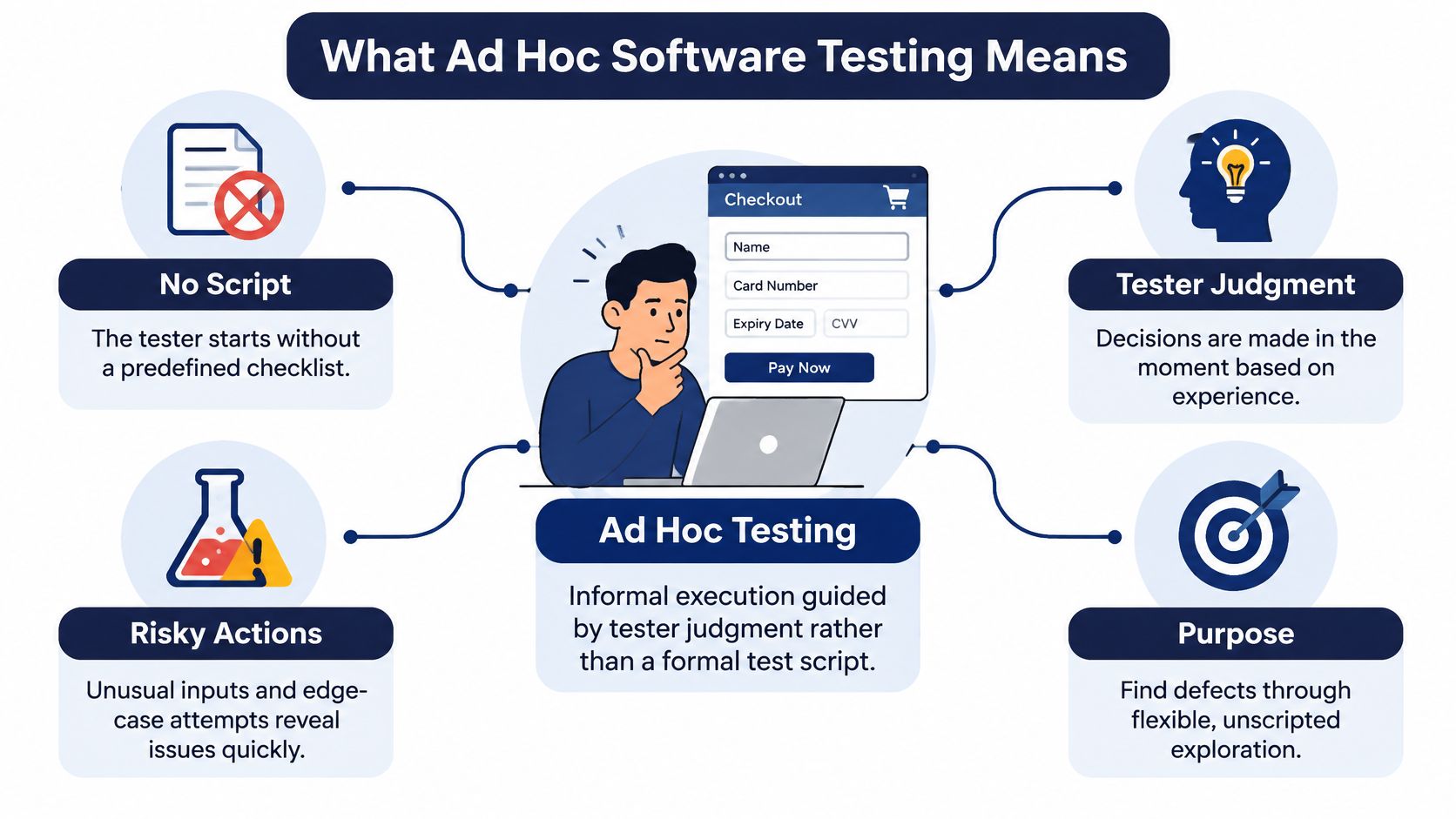 A diagram explaining the meaning of ad hoc software testing with icons representing key concepts.