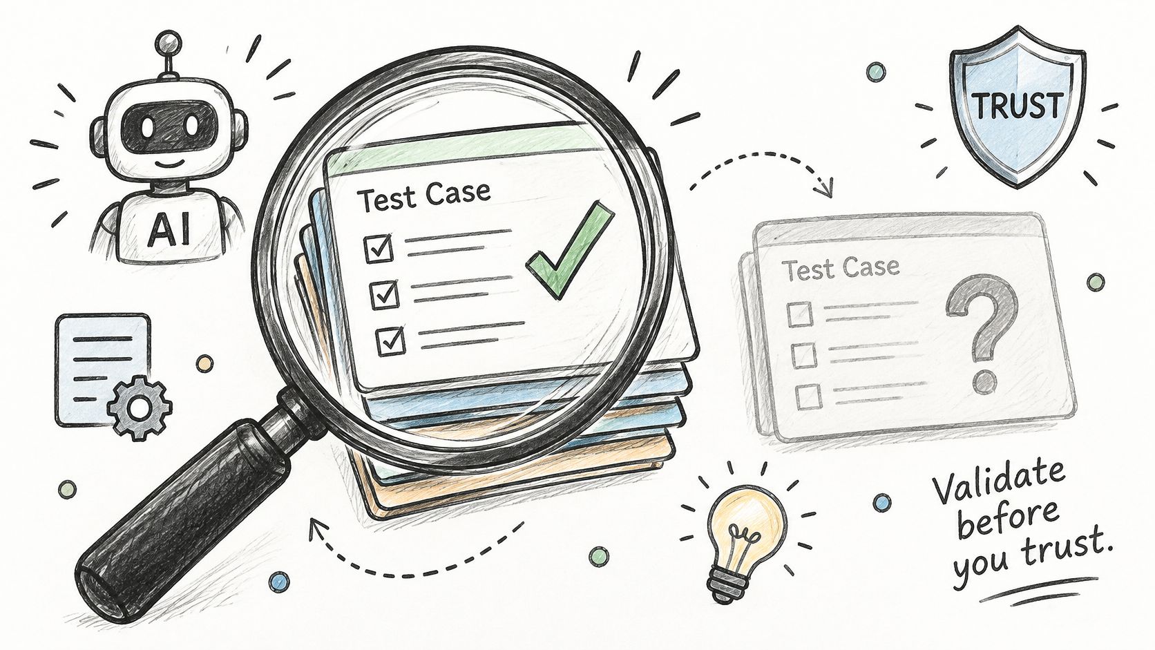 A hand-drawn illustration showing a magnifying glass inspecting test cases with an AI robot and a trust shield.