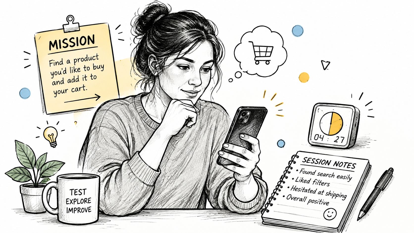A woman using her smartphone to shop online while documenting her feedback during a user testing session.