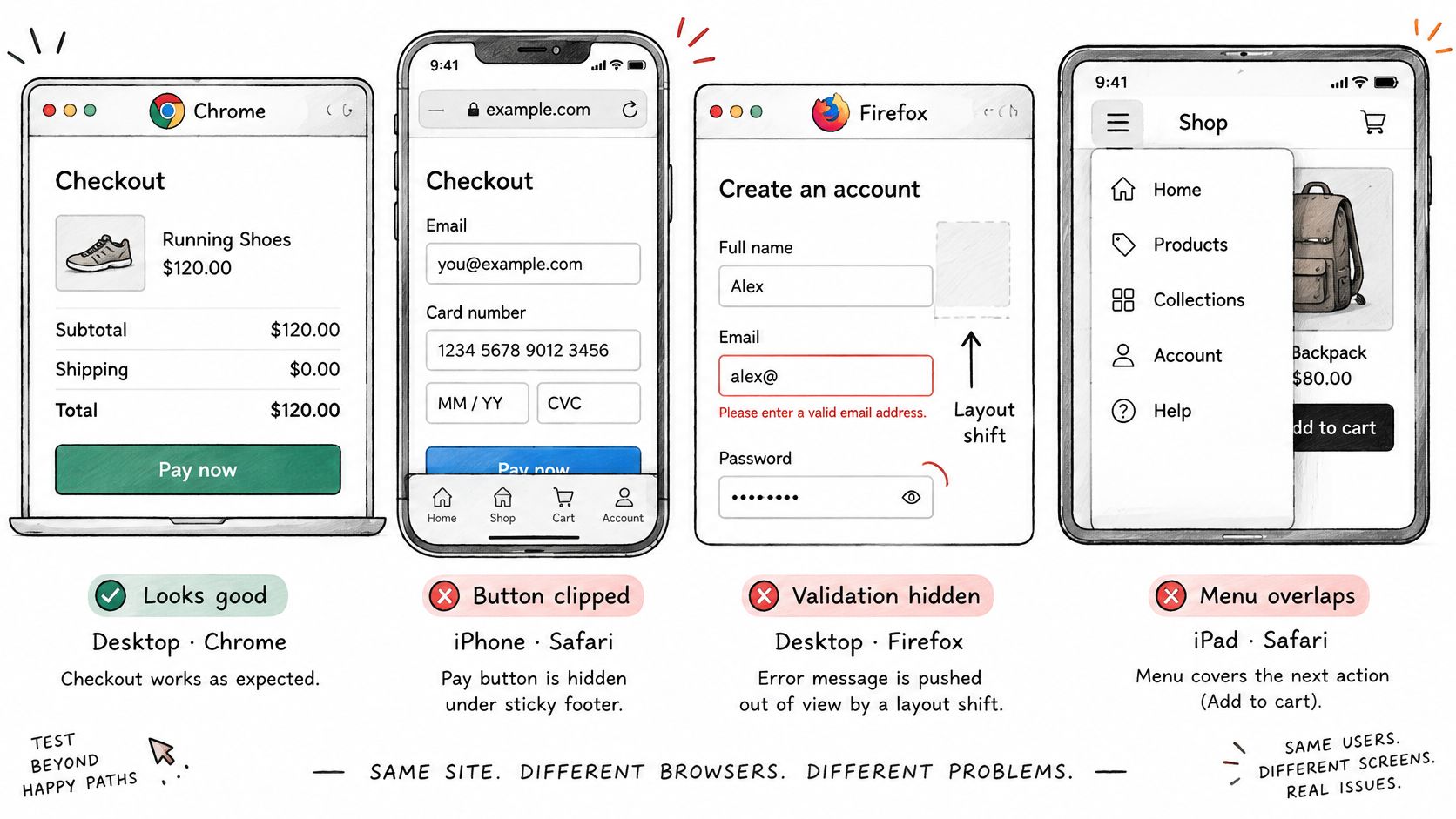 A hand-drawn illustration showing common UI design bugs across different browsers and devices during user testing.