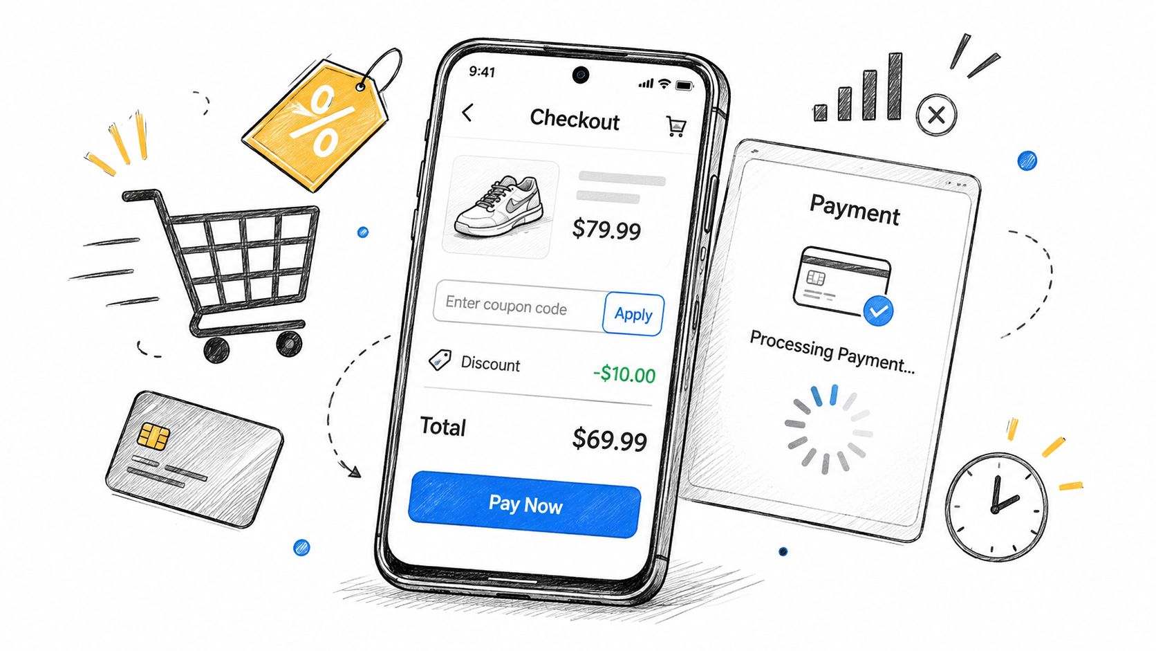 A hand-drawn illustration showing a mobile app checkout page and a payment processing screen with icons.