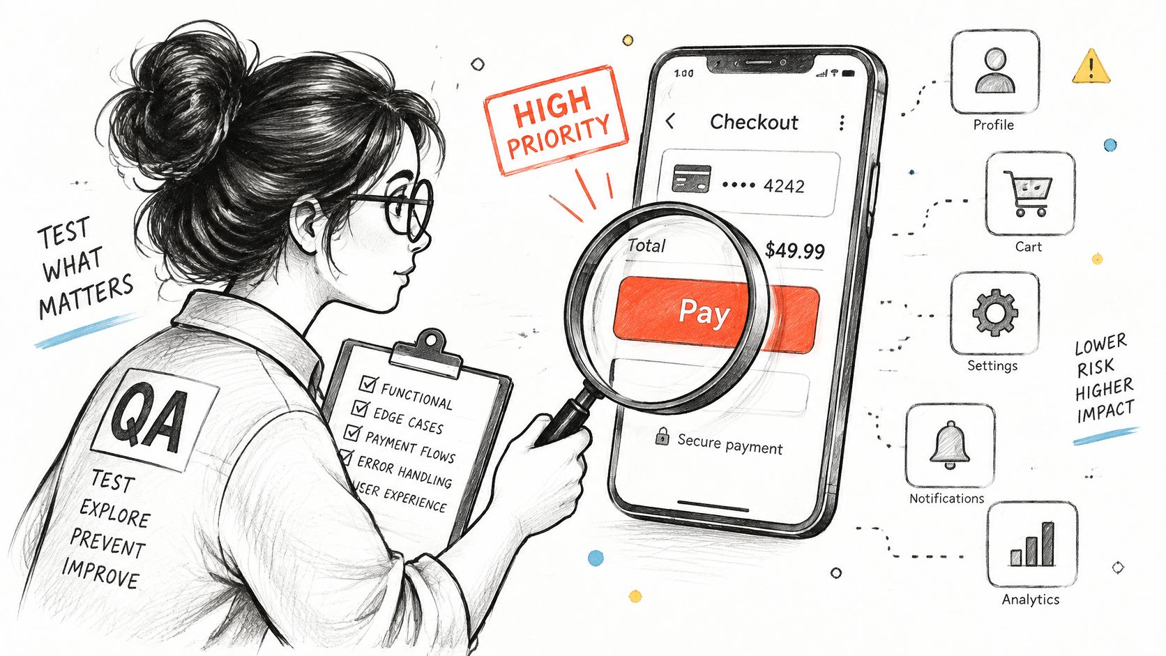 A digital illustration of a QA specialist using a magnifying glass to check a mobile payment checkout screen.