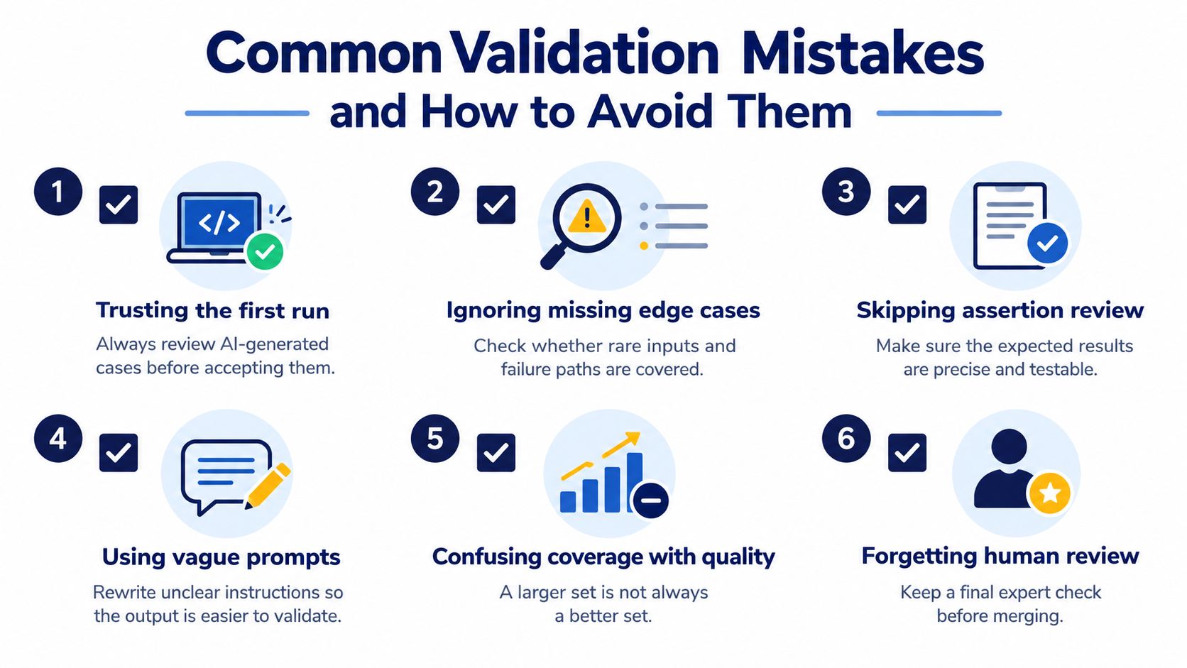 An infographic detailing six common mistakes to avoid when validating AI-generated test cases for software development.