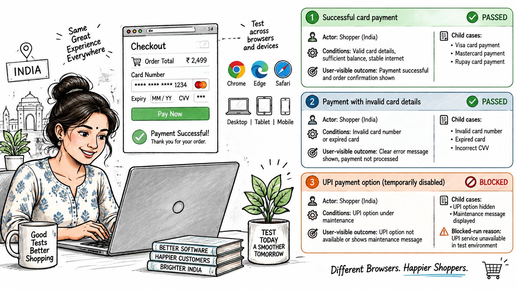 A woman using a laptop to process online payments, showcasing different software testing scenarios and browser compatibility.