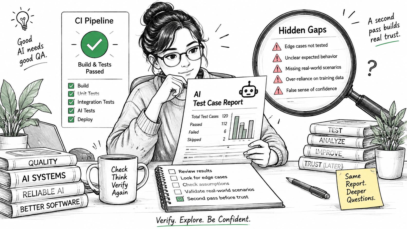 A woman reviewing an AI test case report with a magnifying glass showing potential hidden testing gaps.